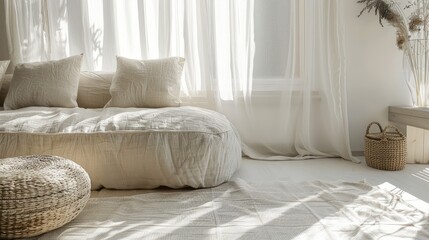 Fototapeta premium sofa, walls and floors are adorned with flowing white linen curtains, topped with a carpet, and accented by a wicker double bed in the front corner, exuding an eclectic mix of comfort and style.