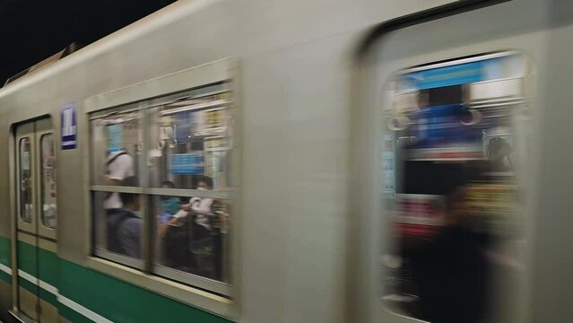 Subway arriving at the metro station, in Osaka, Japan