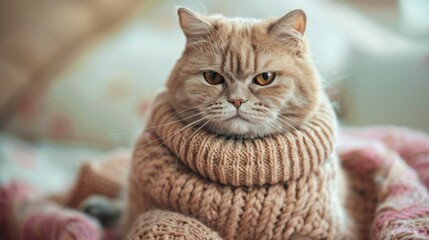 A ginger cat wearing a cozy brown sweater is sitting on a bed and looking at the camera with a grumpy expression. AI.