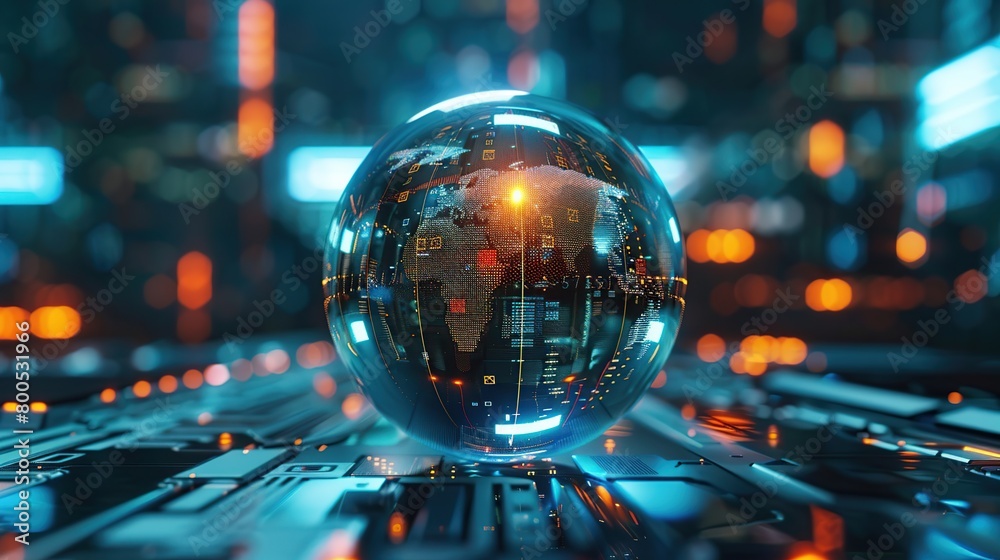 Poster internet technology concept or global communication. a futuristic globe on digital background