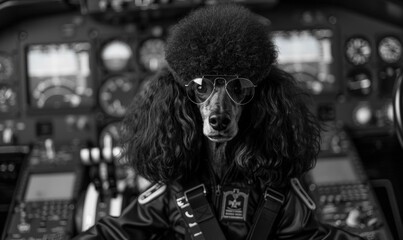A poodle wearing an aviator hat and sunglasses sits in the pilot's seat of an airplane. AI. - obrazy, fototapety, plakaty