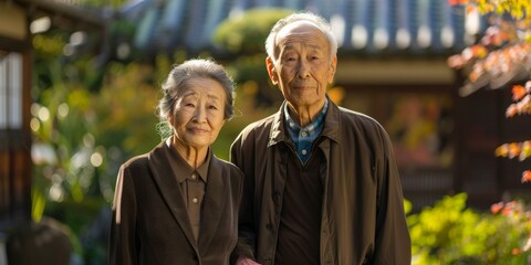 An elderly couple is standing in a garden. The man and the woman are both smiling. AI.