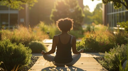 A woman is meditating in a park. AI.