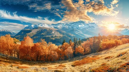 Breathtaking, high-quality sunny day panoramic mountain autumn landscape view