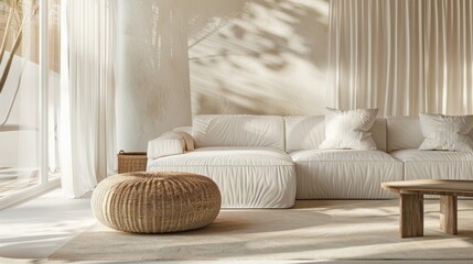 sofa, walls and floors are adorned with flowing white linen curtains, topped with a carpet, and accented by a wicker double bed in the front corner, exuding an eclectic mix of comfort and style.