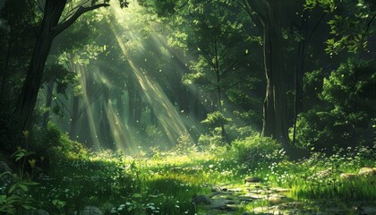 Obraz premium Natures beauty. sunlight filtering through lush green forest on a perfect sunny day