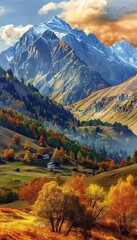 Breathtaking panoramic views of majestic mountains on a sunny autumn day, scenic landscape photo