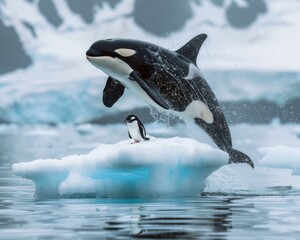 Killer whale jumping out of the water over a penguin on an ice floe. AI.