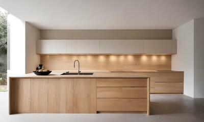Interior of modern kitchen with white walls, concrete floor and wooden countertops. 3d rendering
