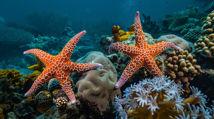 Two starfish feeding on a coral leaving white