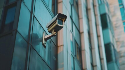 A close-up of a CCTV camera mounted on a building facade, keeping a watchful eye on public spaces