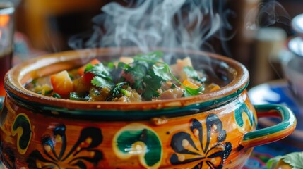 A close-up of a colorful ceramic pot brimming with simmering stew, steam rising invitingly from its savory depths.