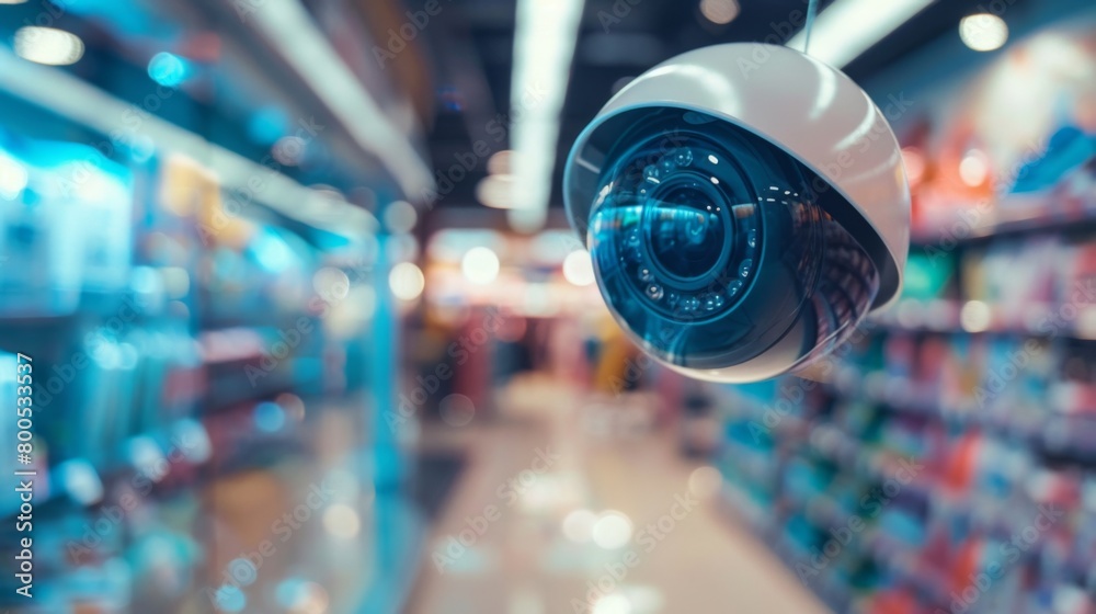Poster A close-up of a dome-shaped security camera installed in a retail store, discreetly monitoring activity without intruding on customer privacy.
