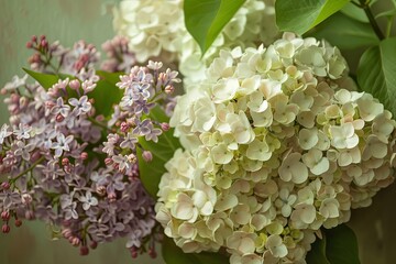 Hydrangea and Lilac Decorative Textured Oil Canvas Art - Vertical Close-Up Blooming Flowers in Muted Tones