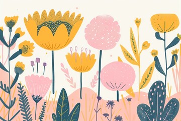 Fototapeta na wymiar printmaking linocut style flat floral illustration in pastel colors