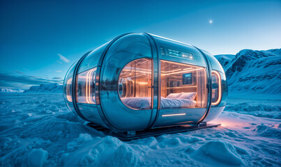 spherical glass structure with a bed inside, located on snow-covered ground with mountains in the background. - 800534388
