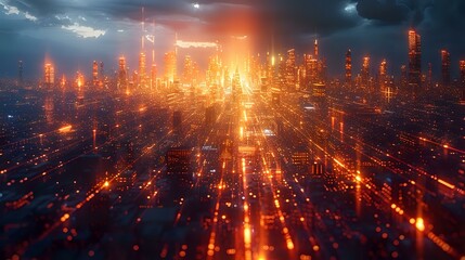 Data Visualization: Surreal Futuristic City with Illuminated Pathways