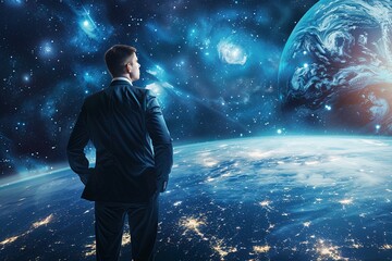 Obraz premium Tech-Aerospace Fusion: Planning for Universe Expansion with Creative Businessman Innovating Science Research