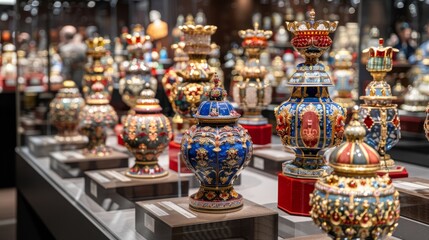   A collection of vases arranged atop a table, adjacent to one another, showcased within a glass case