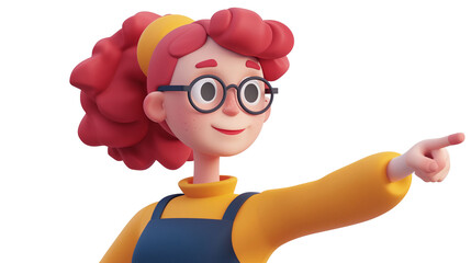 A 3D illustrated children's book character with glasses pointing to the right