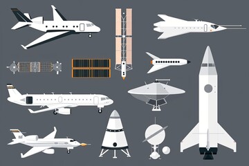 Aerospace Icons Elevating Business Investment Strategies: Insight for Future Markets with Satellite and Aircraft Symbols