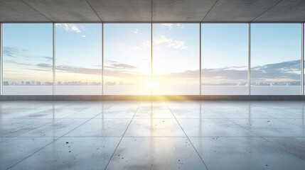   An empty room with expansive windows framing the sunset over the cityscape and horizon