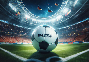 Fußball Stadion, in der Eckle liegt ein Ball mit dem Text "EM 2024"