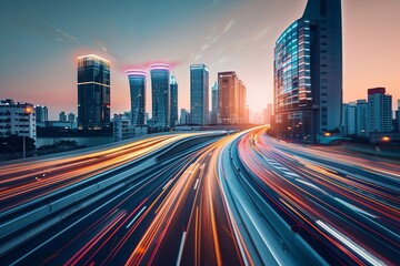 Obraz premium Futuristic Highway City High-Speed Internet Concept Accelerated Motion BlursetDisplay of Website Car Connectivity Matrix