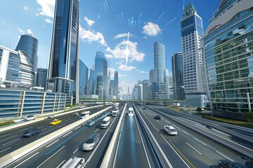 Fototapeta na wymiar Futuristic Highway City 3D Urban Rendering: High-Speed Internet Concept