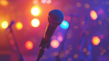 A close-up of a microphone stand adorned with colorful stage lights, ready to amplify the voice of the next musical sensation.