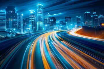 Futuristic City Highway 3D Rendering: High-Tech Product Background with Motion Blur