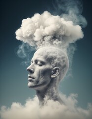 bald man with smoke coming out of his head and clouds surrounding him. - 800535599