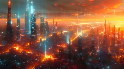 Obraz premium Contemporary Edge: Futuristic Cityscape with Illuminated Grid-like Roadways