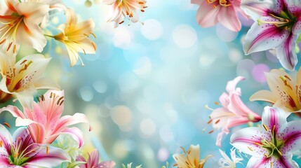 beautiful colorful flowers border background with some space in the center 