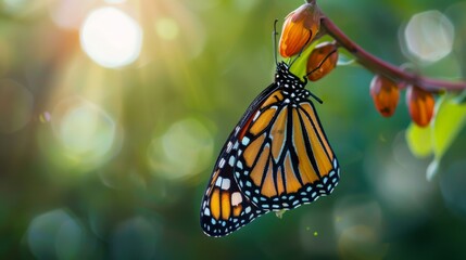 A close-up of a monarch butterfly emerging from its chrysalis, a breathtaking moment of transformation captured in vivid clarity. - obrazy, fototapety, plakaty