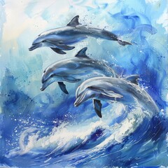 Three dolphins jumping out of the water