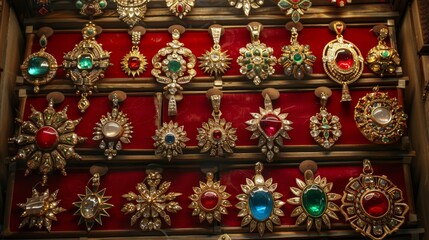 Fototapeta premium A display case brimming with various gold, green, and red necklaces and brooches