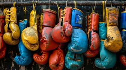 Colorful Old Boxing Gloves Collection - obrazy, fototapety, plakaty