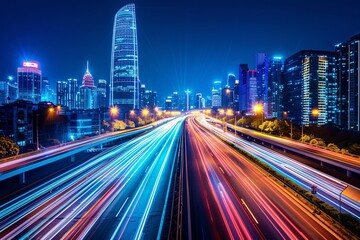 Fototapeta na wymiar Hyper Loop Inspired 3D City Highway with Light Trails: Illuminating Business Innovation across the Futuristic Skyline