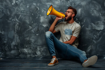 Man with megaphone in front of graffiti wall
