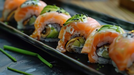 salmon sushi with avocado, scallion and mushrooms on a black plate, very professional presentation