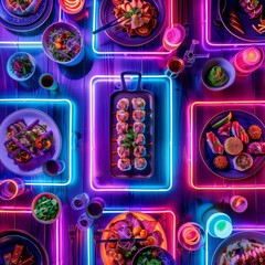 Exquisite food experiences visualized through a Synthwave concept, each dish a masterpiece surrounded by glowing, neon accents in an abstract, top view setting with copy space