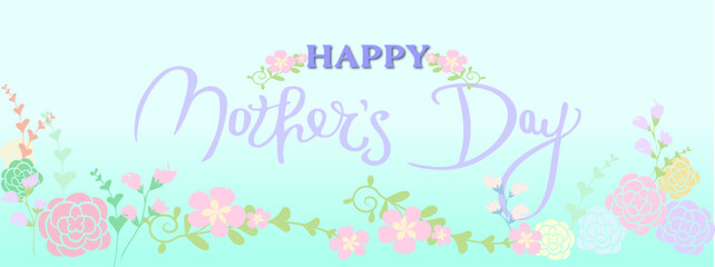 Happy Mother's Day calligraphy handlettering with floral flower ornament decorations on aquamarine blue gradient for gift card, banners, wallpaper, product design.