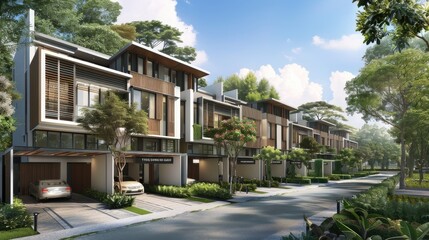 modern minimalist townhouses, featuring three stories and gable roofs, with grey bodywork accented by white trim, embodying a sleek and sophisticated urban living aesthetic.