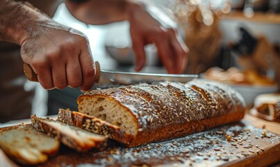 Man slicing freshly baked bread.