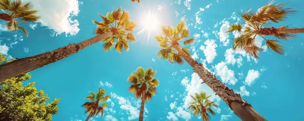 Low angle view of palm trees growing against blue sky during sunny day - Powered by Adobe
