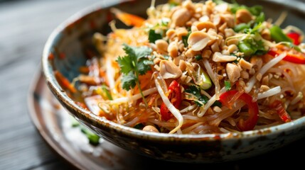 A close-up of a mouthwatering bowl of som tam, glistening with tangy sauce and topped with crushed peanuts.