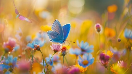 Blue Butterfly in Motion, Ethereal Garden Elegance