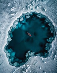 boat is seen from above, floating in the center of a frozen lake. The lake is full of cracks and the boat is a small red boat. The frozen lake is surrounded by more ice. - 800536960