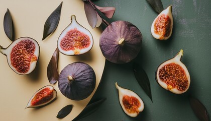 Fig pattern on pastel background, top view. Flat lay with fresh fig slices. Minimal summer concept